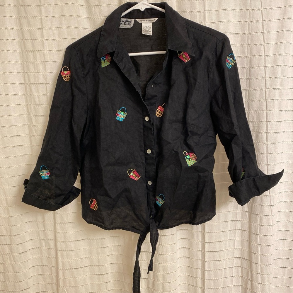 irish linen shirt Richard Malcom women Medium Black Embroidered Sequins Button